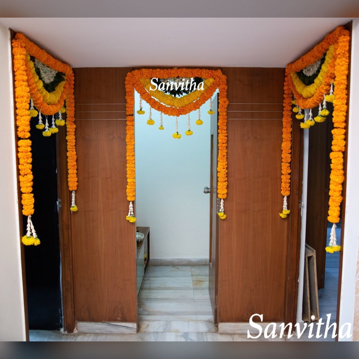 Interior Entrance Door Frame with Yellow & Orange Marigold Garlands